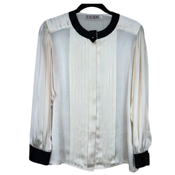 Escada Vintage Silk Pintuck Tuxedo Blouse Contrast Trim West Germany EU 34